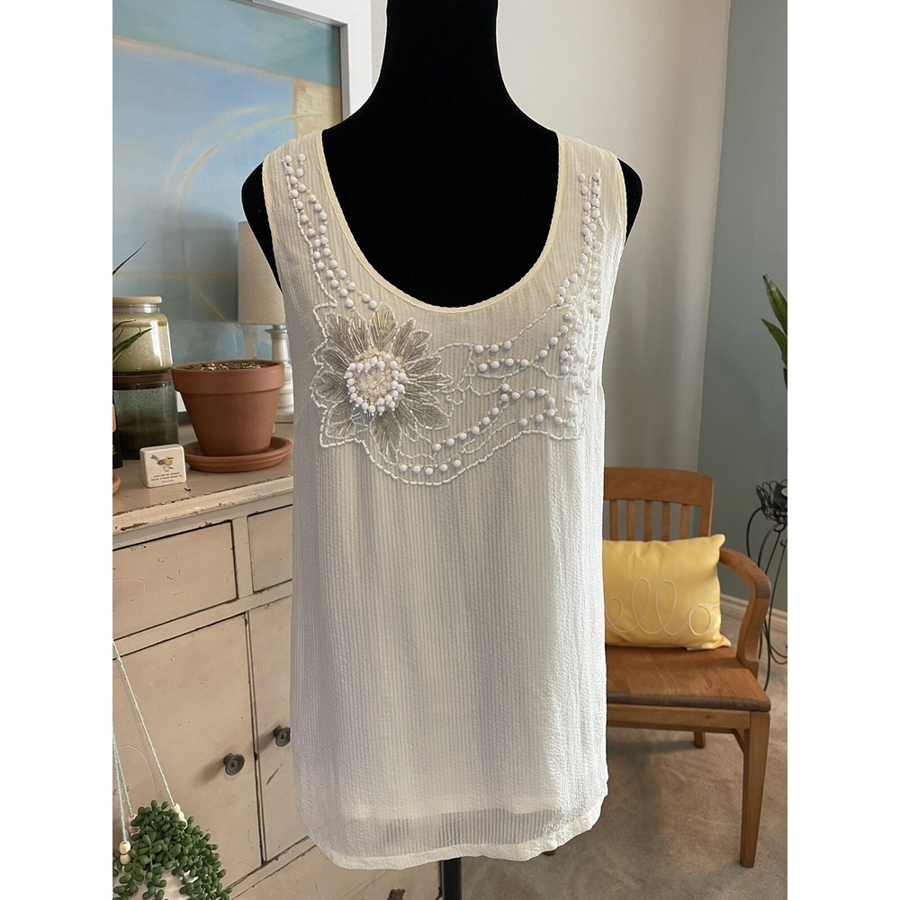 Gold Hawk Small Ivory Tank Silk Blouse Beaded And Embellished